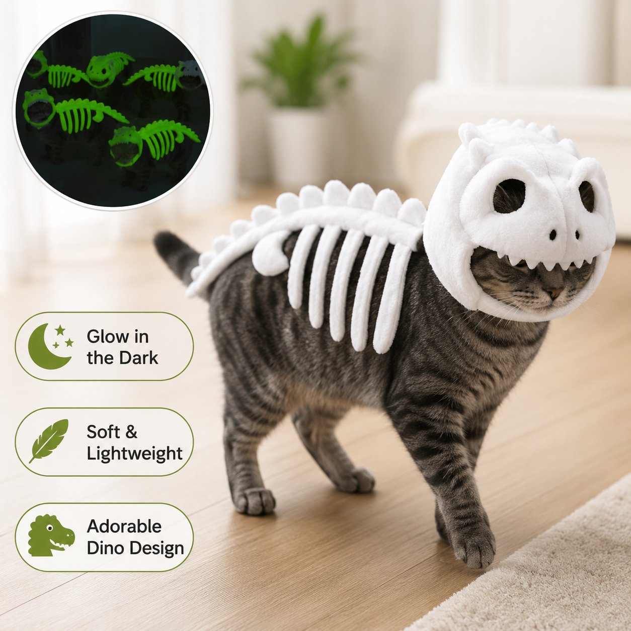 Cat wearing a glow-in-the-dark dinosaur skeleton costume