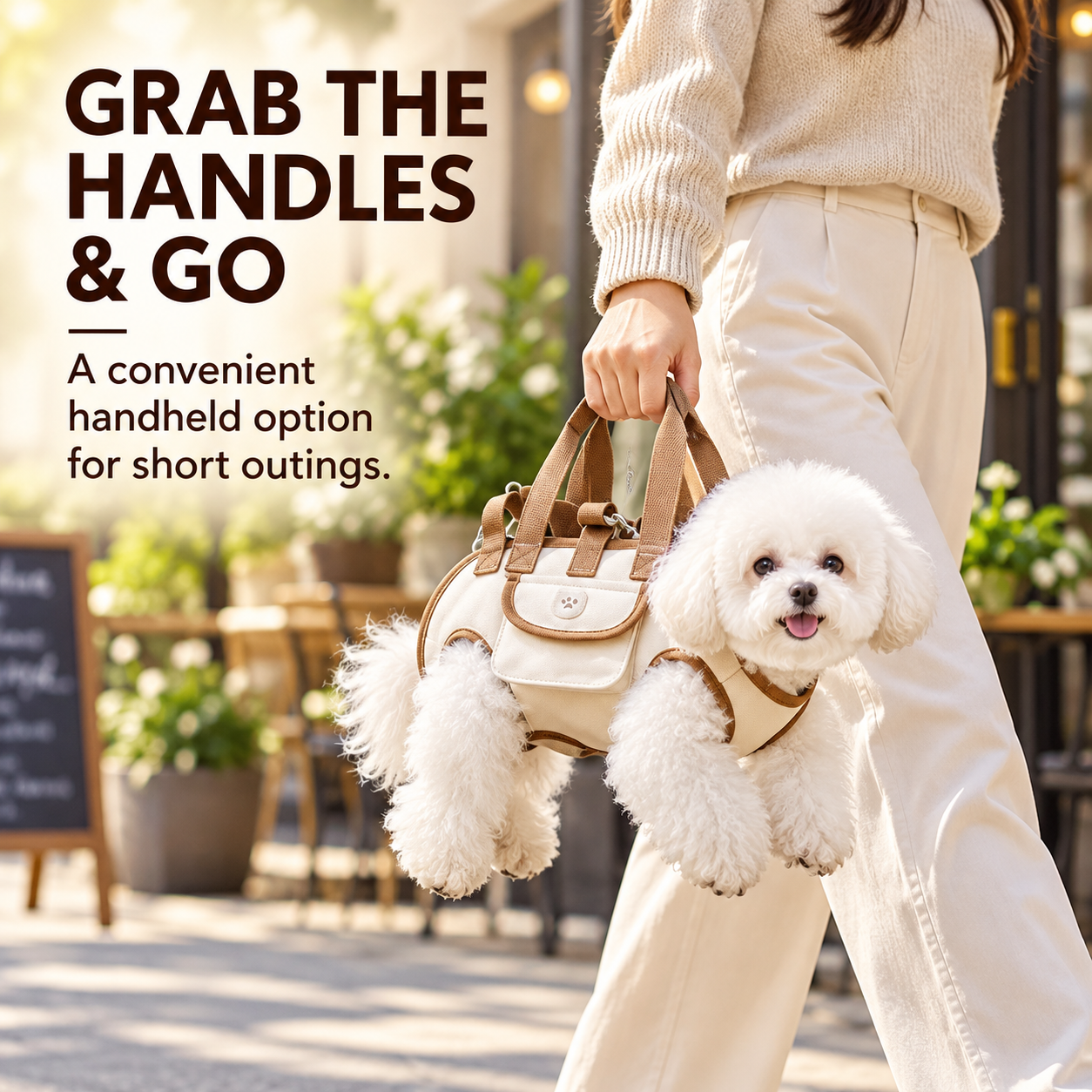 Pet carrier held by its short handles for a brief outing