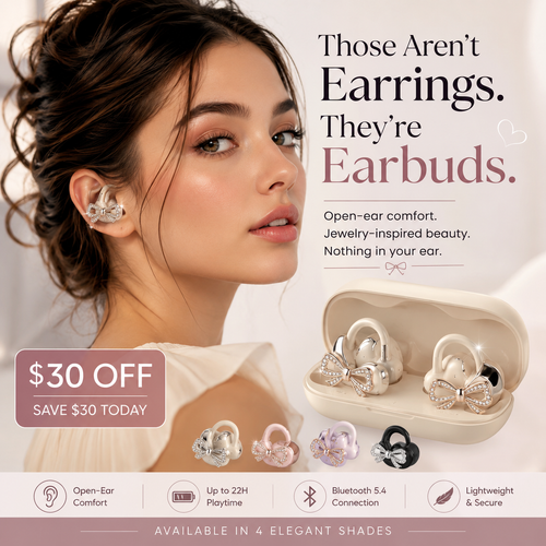 Crystal Bow Clip-On Open-Ear Earbuds – Wireless Sound Meets Jewelry-Inspired Style