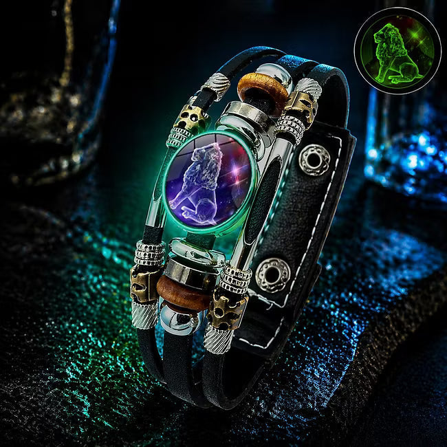 💥Limited-time 50% off ☪️Glow-in-the-dark leather zodiac sign bracelet for men and women (6.9/8.1 inches)♑️