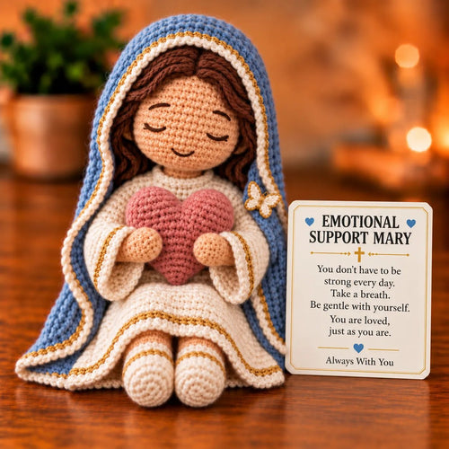 ⏳ Last Day 49% OFF – 💙 Always With You Mary Comfort Doll | Handmade Crochet Companion Holding A Heart with Encouragement Card ✨