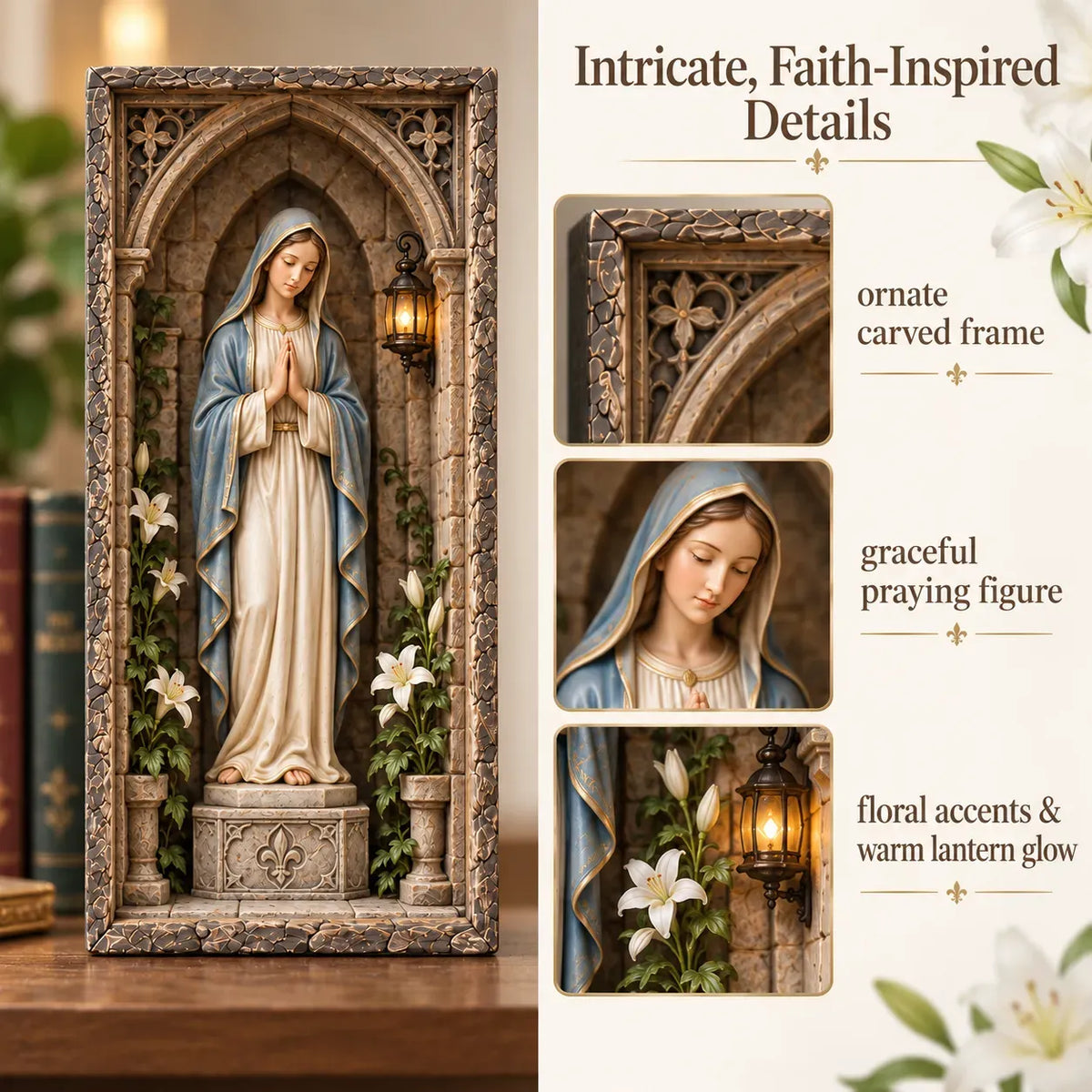 🙏 Virgin Mary Lighted Book Nook – Sacred Chapel Bookshelf Decor