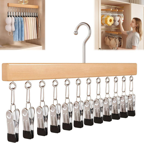 Pure Wood Rotating Closet Organizer with 12 Clips, Legging Hangers for Closet Organizer- 360 Rotating Metal Clips with Silicone Lining, Space Saving Hanging for Jeans Skirts Socks