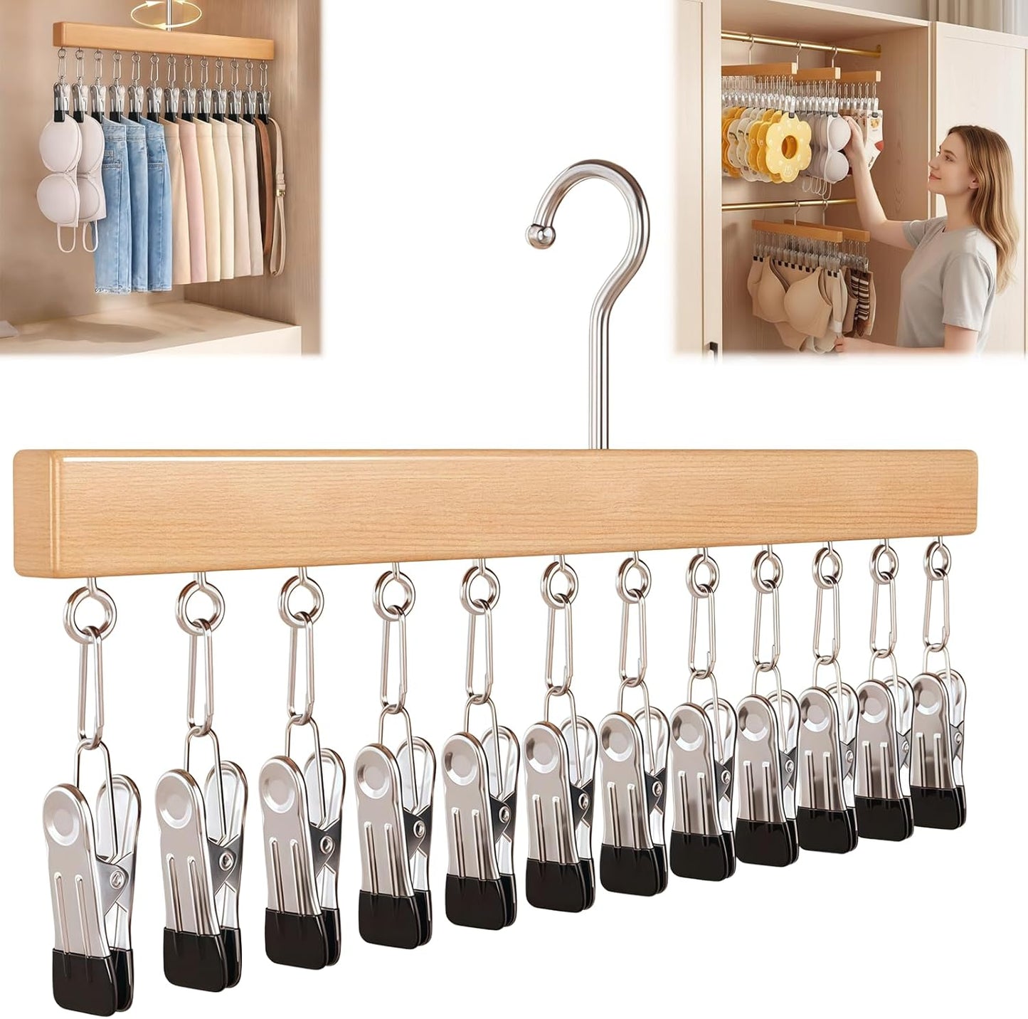 Pure Wood Rotating Closet Organizer with 12 Clips, Legging Hangers for Closet Organizer- 360 Rotating Metal Clips with Silicone Lining, Space Saving Hanging for Jeans Skirts Socks