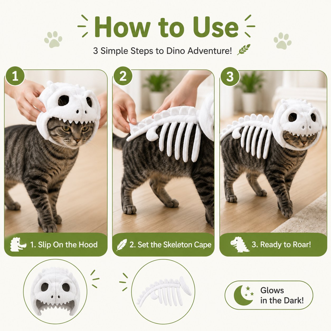 Three steps for putting on the dinosaur cat costume