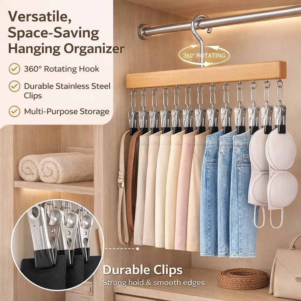 Pure Wood Rotating Closet Organizer with 12 Clips, Legging Hangers for Closet Organizer- 360 Rotating Metal Clips with Silicone Lining, Space Saving Hanging for Jeans Skirts Socks
