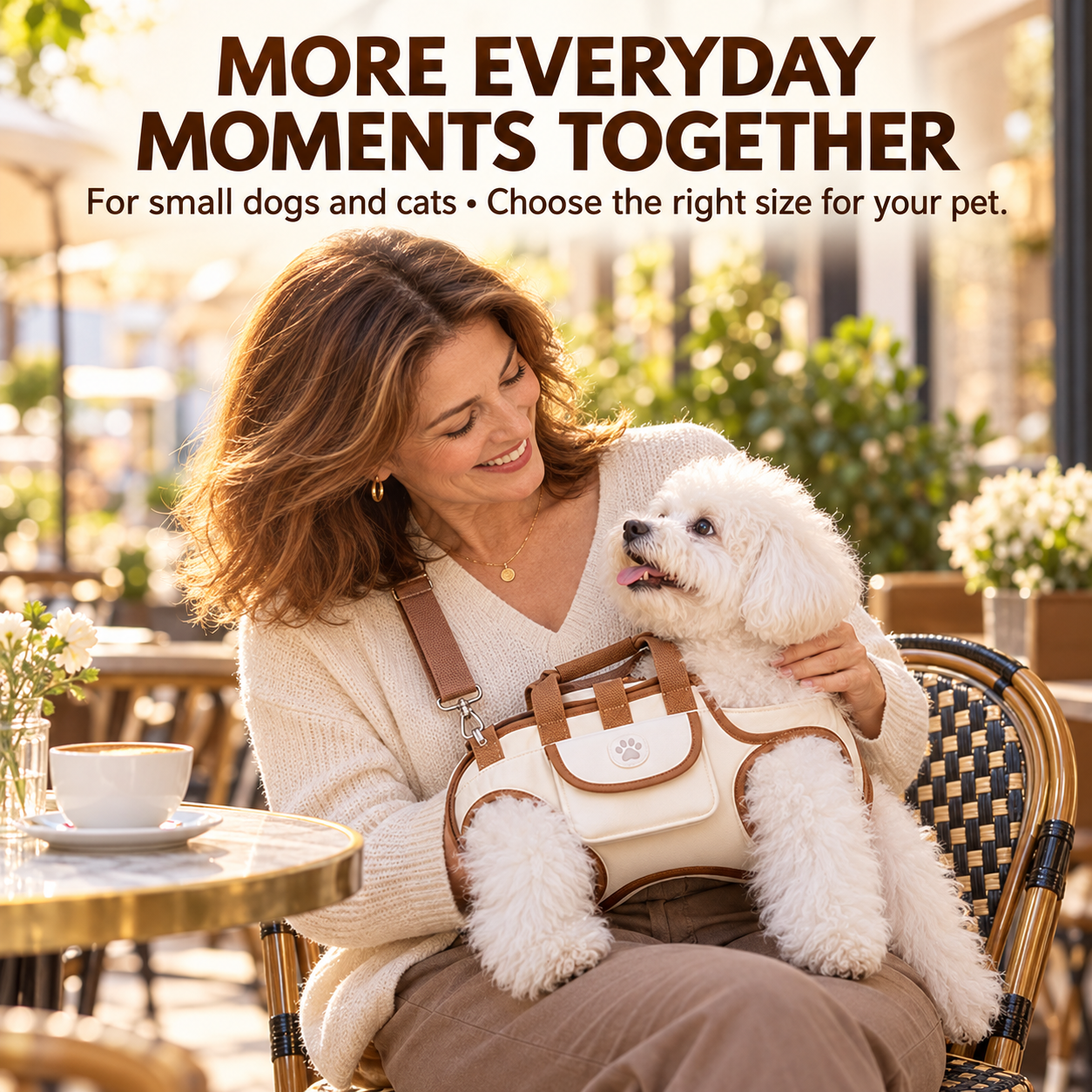 Woman seated at an outdoor cafe with her dog supported on her lap