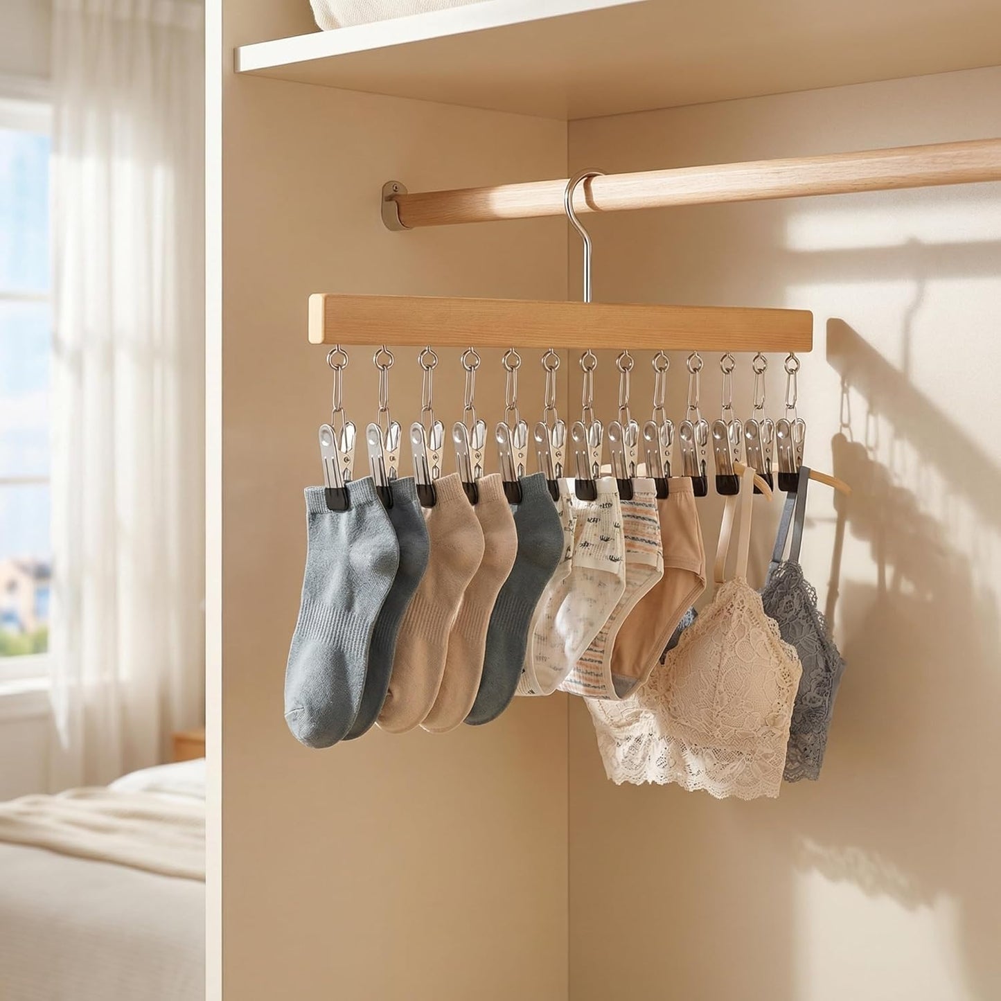 Pure Wood Rotating Closet Organizer with 12 Clips, Legging Hangers for Closet Organizer- 360 Rotating Metal Clips with Silicone Lining, Space Saving Hanging for Jeans Skirts Socks