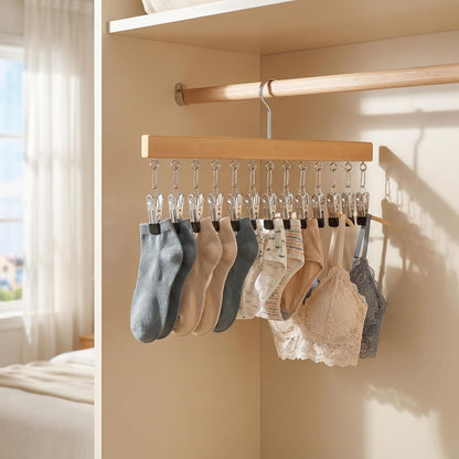 Pure Wood Rotating Closet Organizer with 12 Clips, Legging Hangers for Closet Organizer- 360 Rotating Metal Clips with Silicone Lining, Space Saving Hanging for Jeans Skirts Socks