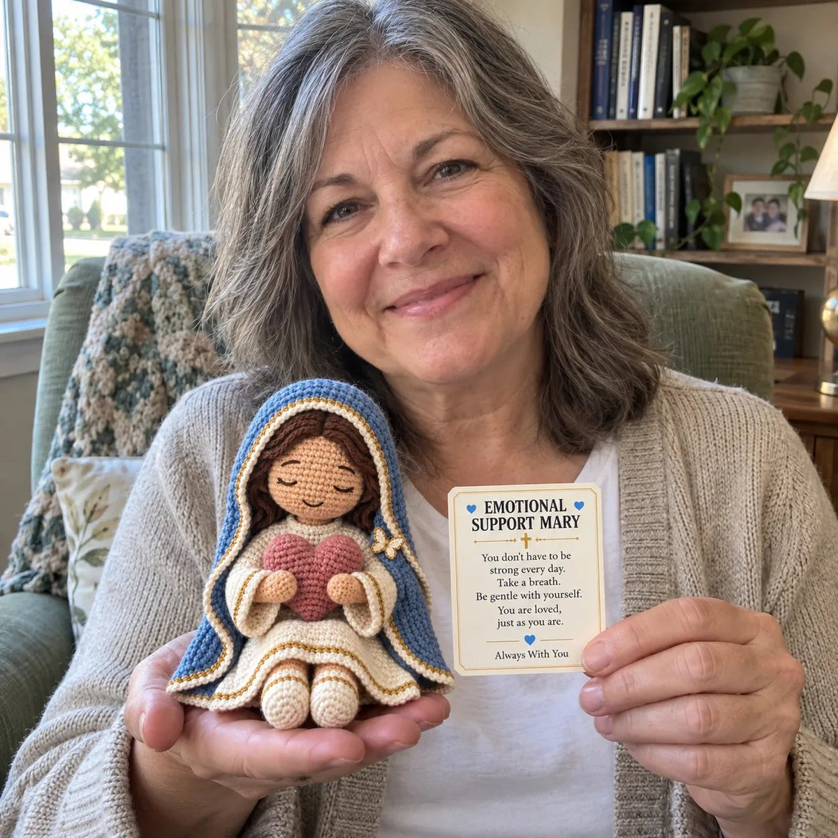 ⏳ Last Day 49% OFF – 💙 Always With You Mary Comfort Doll | Handmade Crochet Companion Holding A Heart with Encouragement Card ✨