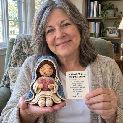 ⏳ Last Day 49% OFF – 💙 Always With You Mary Comfort Doll | Handmade Crochet Companion Holding A Heart with Encouragement Card ✨