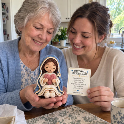 ⏳ Last Day 49% OFF – 💙 Always With You Mary Comfort Doll | Handmade Crochet Companion Holding A Heart with Encouragement Card ✨