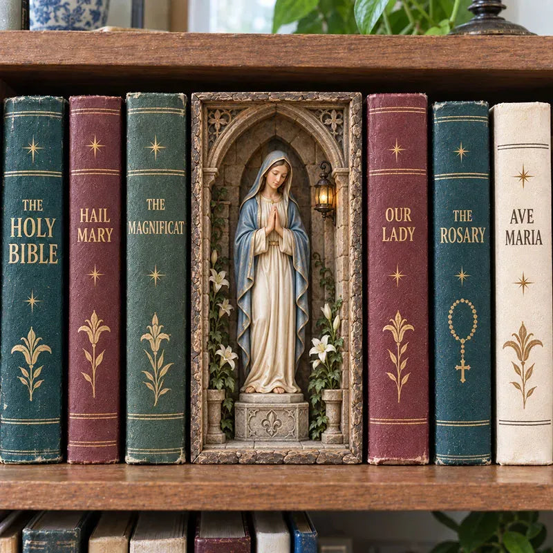 🙏 Virgin Mary Lighted Book Nook – Sacred Chapel Bookshelf Decor