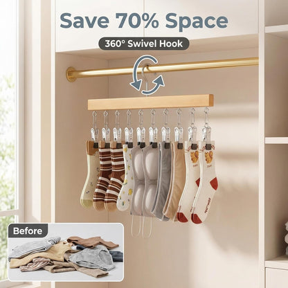 Pure Wood Rotating Closet Organizer with 12 Clips, Legging Hangers for Closet Organizer- 360 Rotating Metal Clips with Silicone Lining, Space Saving Hanging for Jeans Skirts Socks