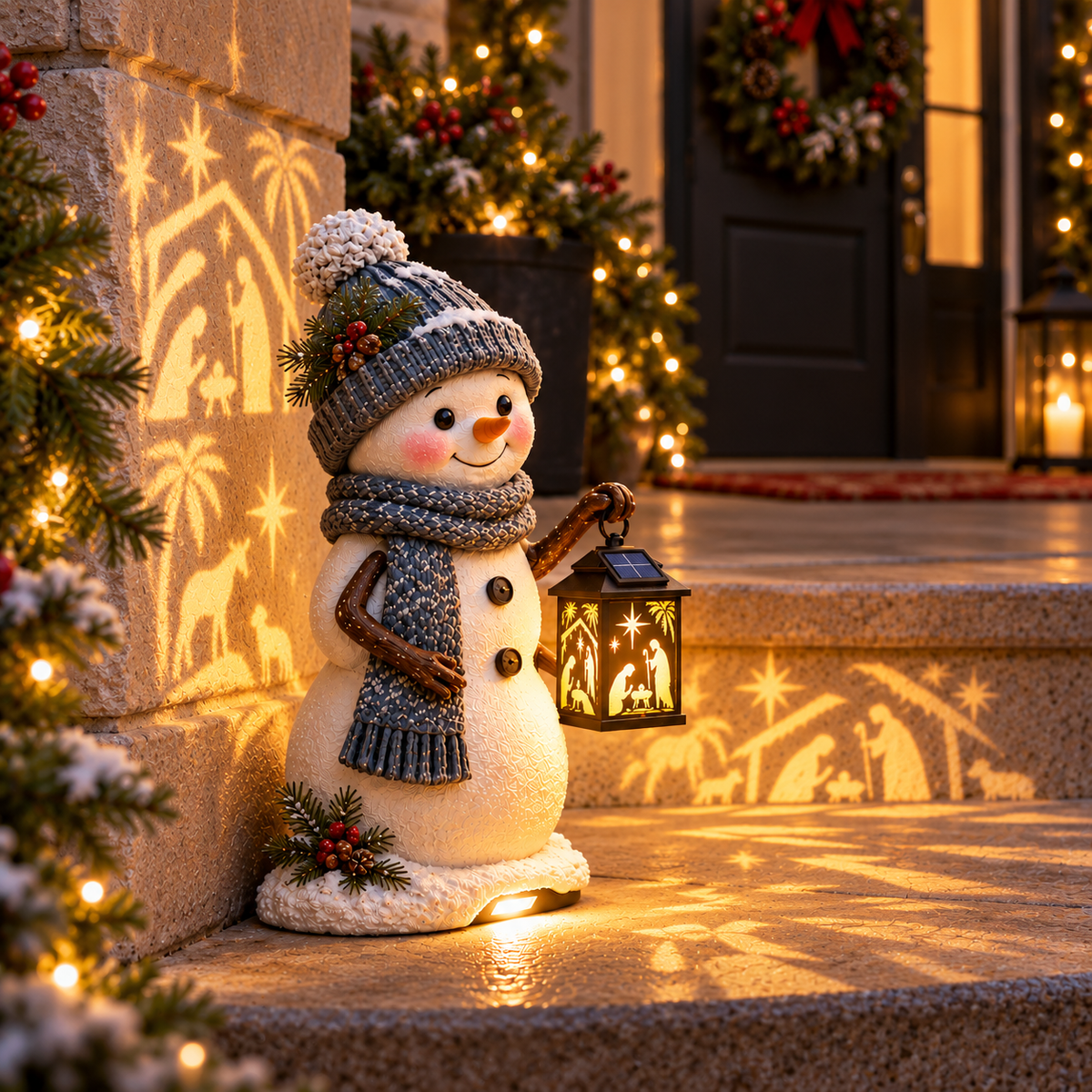 🔥 Last Day 49% OFF🔥⛄ Snowman Nativity Glow™ – Solar Christmas Step Light with Holy Family Projection