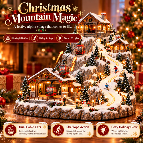 Animated Christmas Mountain Cable Car & Ski Village Scene ✨