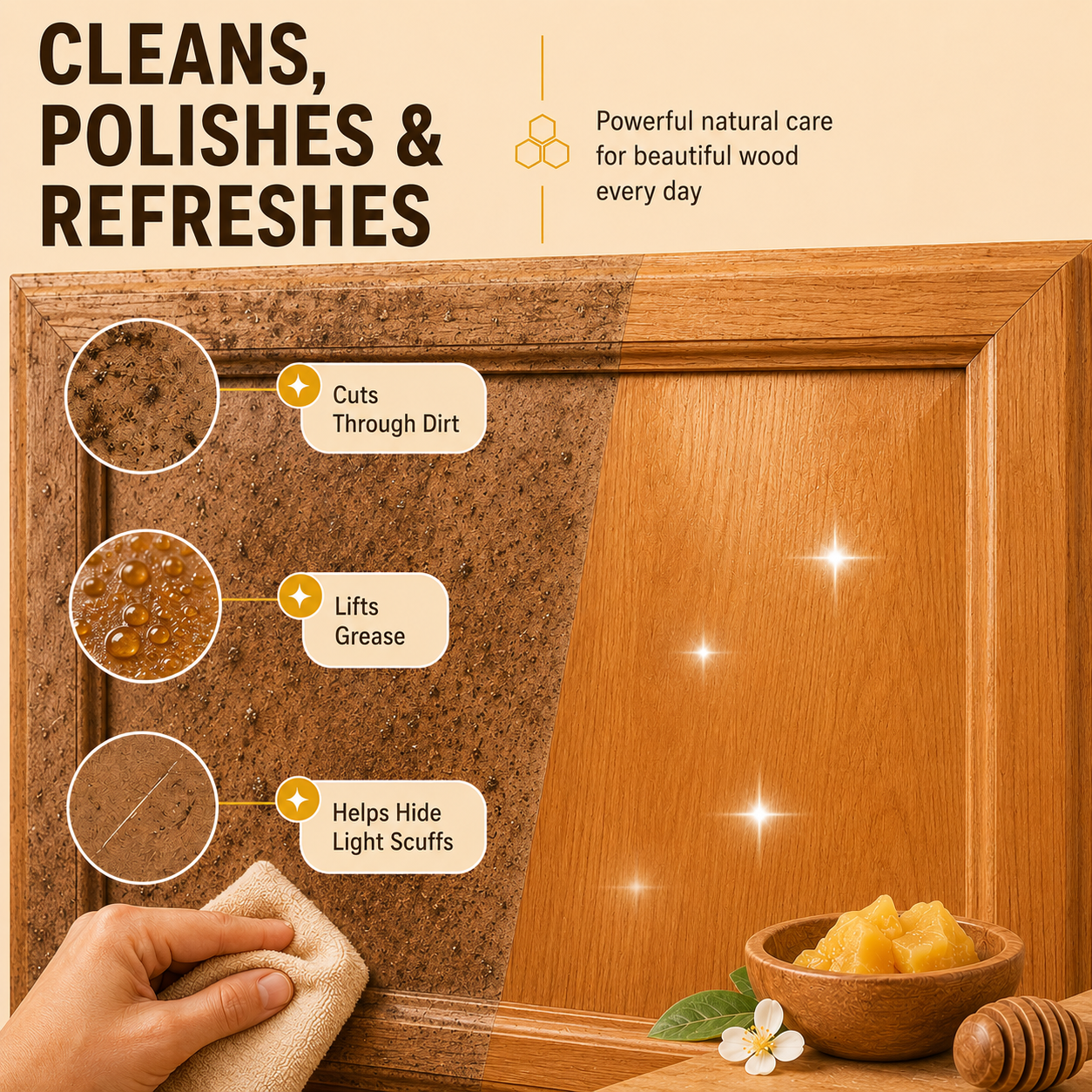 Wood cleaning effect showing dirt grease and light scuff care
