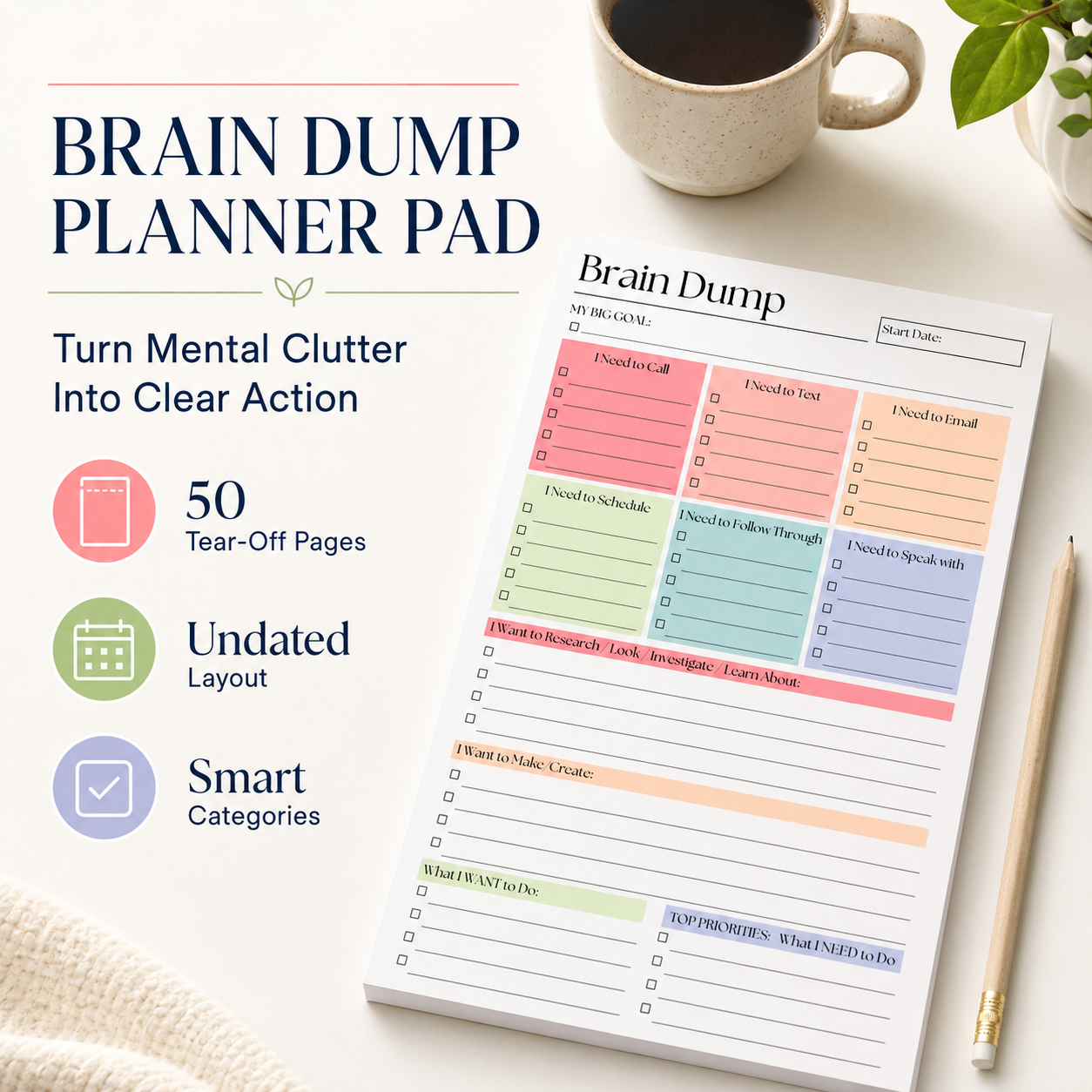 Brain Dump Planner Pad with 50 tear-off pages and smart categories