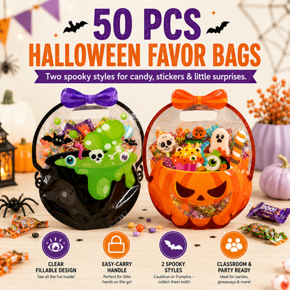 ⚡50 Pcs Halloween Goodie Bags – Clear Cauldron Candy Favor Bags