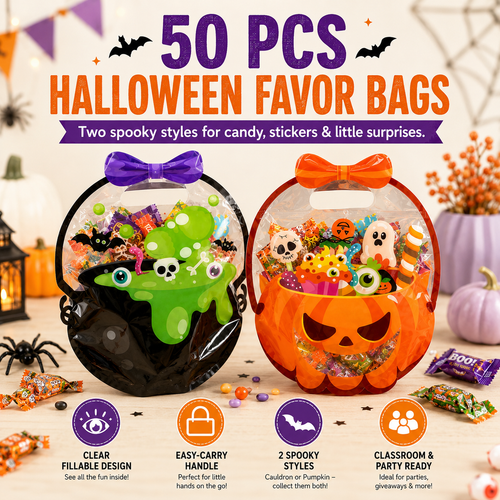 ⚡50 Pcs Halloween Goodie Bags – Clear Cauldron Candy Favor Bags
