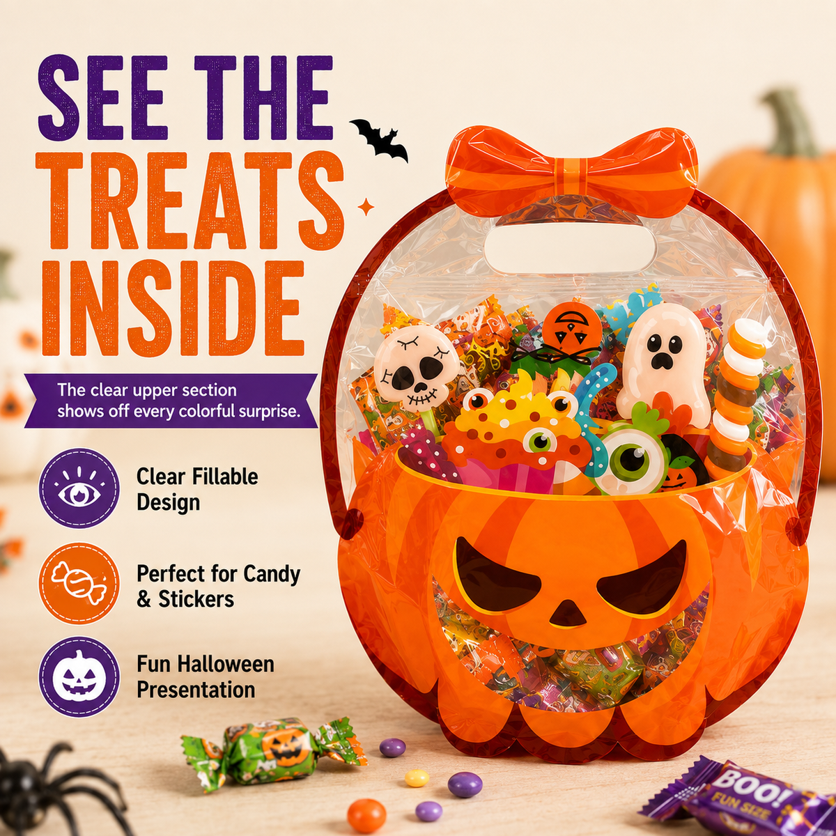 ⚡50 Pcs Halloween Goodie Bags – Clear Cauldron Candy Favor Bags