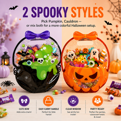 ⚡50 Pcs Halloween Goodie Bags – Clear Cauldron Candy Favor Bags