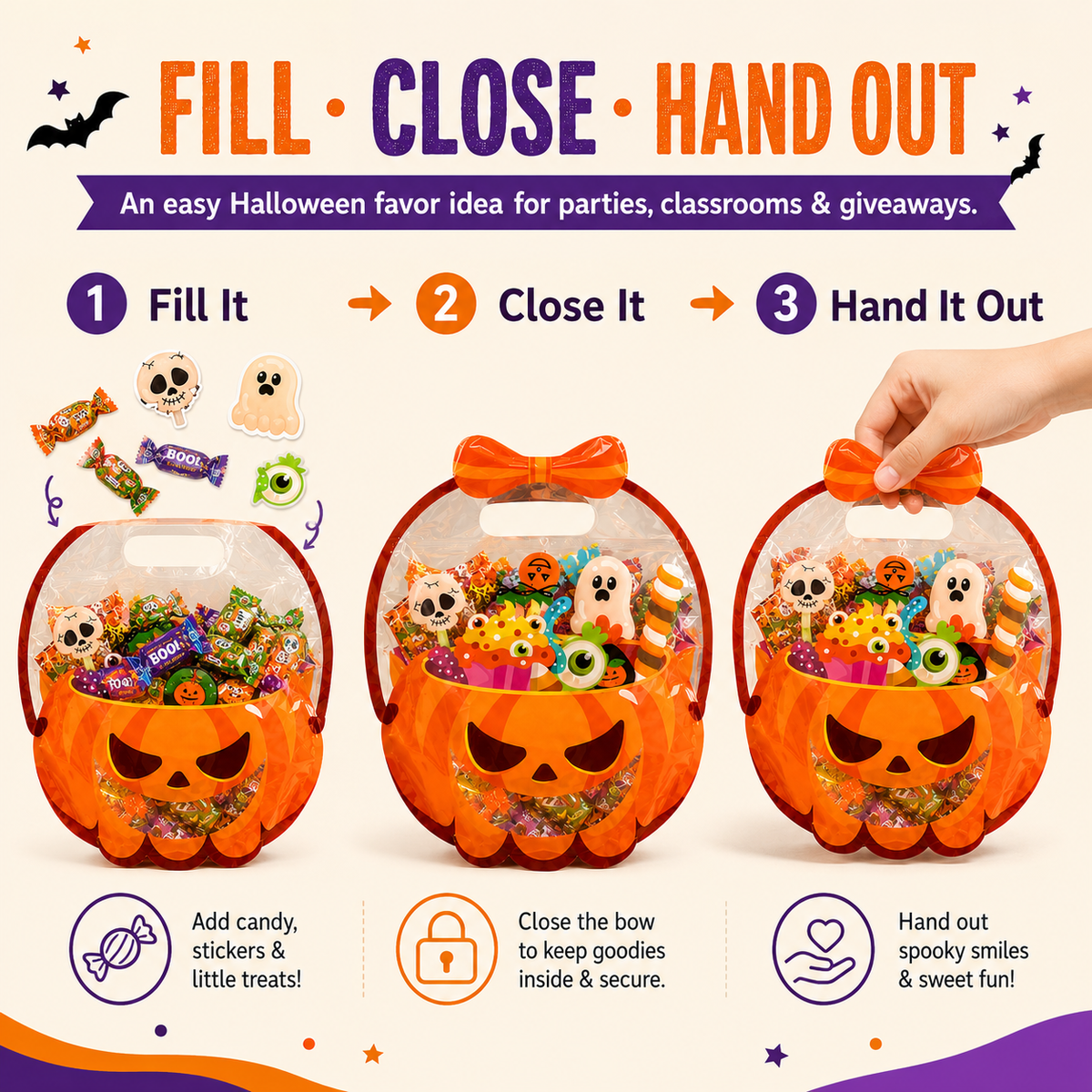 ⚡50 Pcs Halloween Goodie Bags – Clear Cauldron Candy Favor Bags