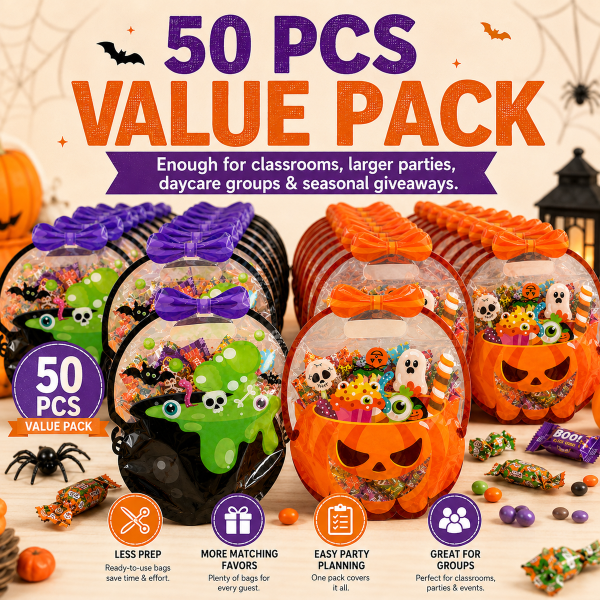 ⚡50 Pcs Halloween Goodie Bags – Clear Cauldron Candy Favor Bags