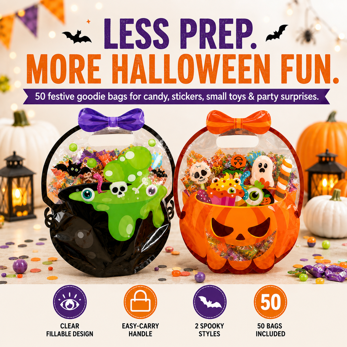 ⚡50 Pcs Halloween Goodie Bags – Clear Cauldron Candy Favor Bags