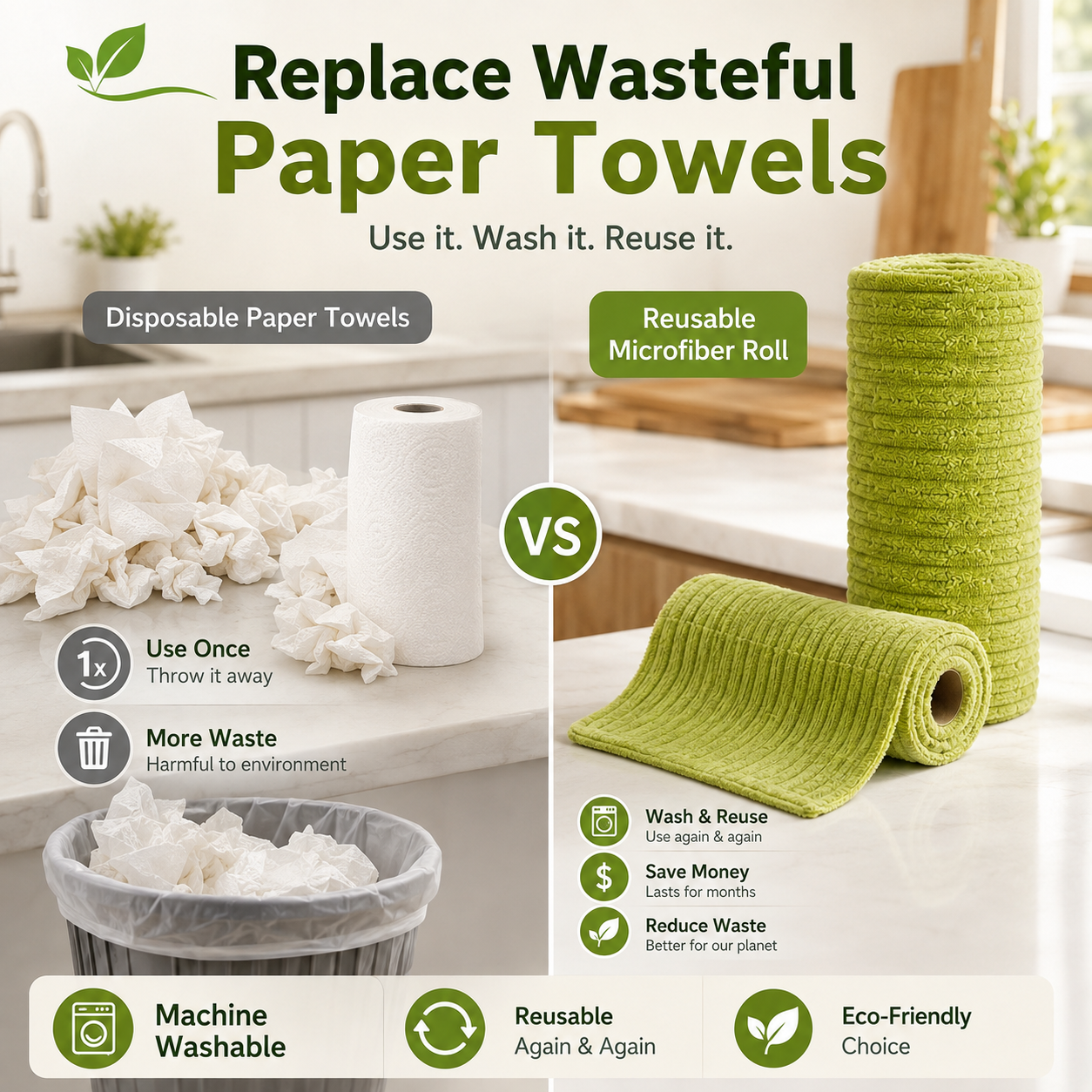 🧽 Reusable Kitchen Cleaning Towels – Tear, Wipe, Wash & Reuse ♻️