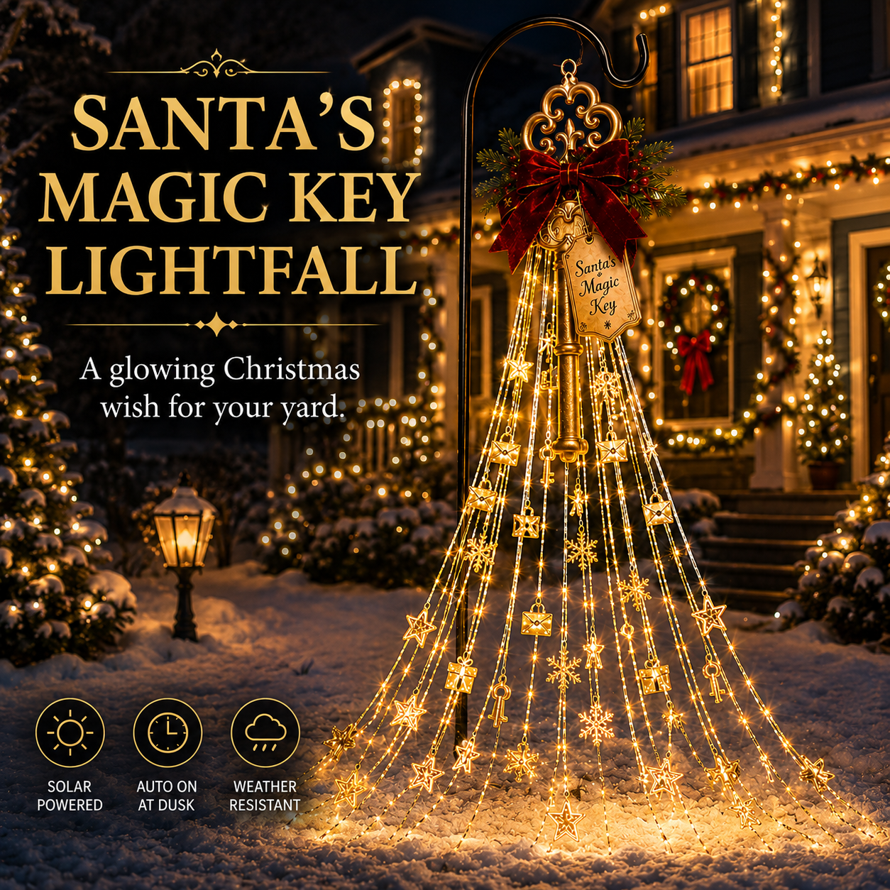 Santa's Magic Key Lightfall solar Christmas waterfall lights glowing in a snowy front yard