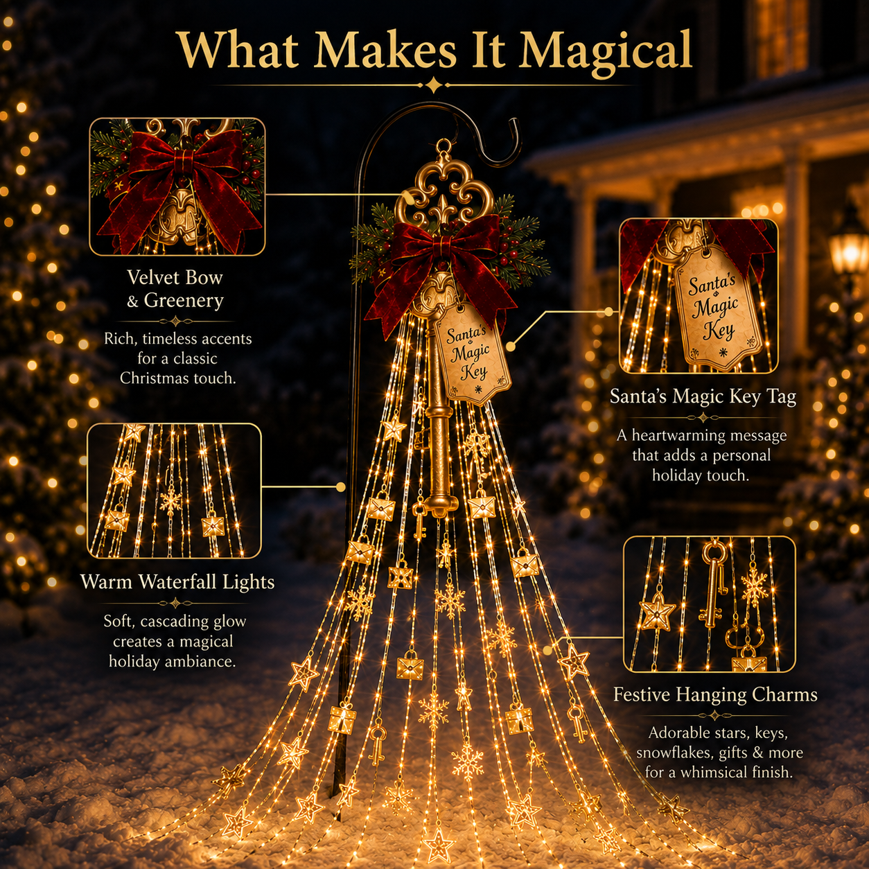 Close-up details of Santa's Magic Key Lightfall bow, key tag, lights and hanging charms