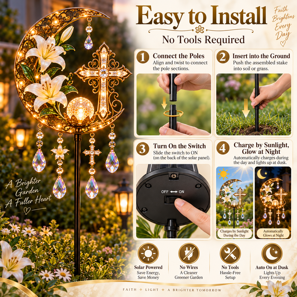 🔥Hot Sale 40% OFF🔥Cross & Lily Solar Garden Light™ | Christian Faith Garden Stake ✝️✨