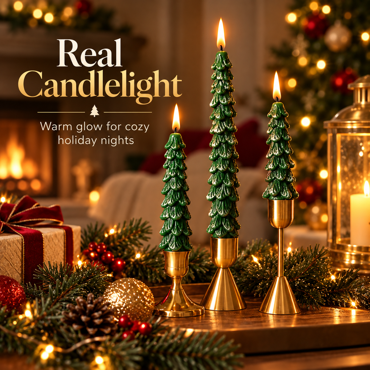 Lit Christmas tree-shaped candles creating a warm festive glow