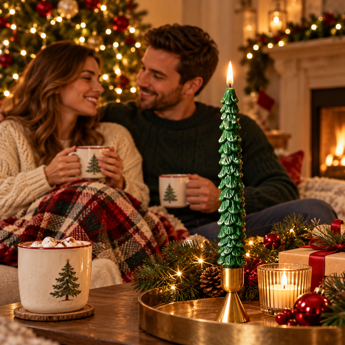 Couple enjoying hot cocoa beside a glowing Christmas tree candle