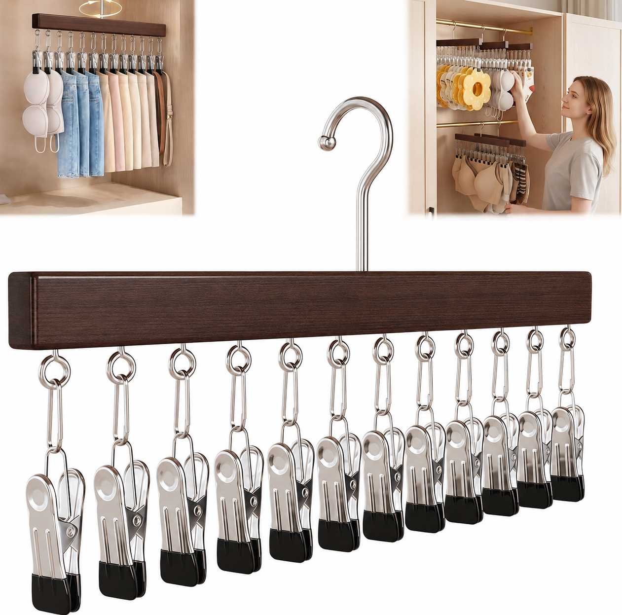 Pure Wood Rotating Closet Organizer with 12 Clips, Legging Hangers for Closet Organizer- 360 Rotating Metal Clips with Silicone Lining, Space Saving Hanging for Jeans Skirts Socks