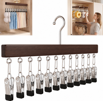 Pure Wood Rotating Closet Organizer with 12 Clips, Legging Hangers for Closet Organizer- 360 Rotating Metal Clips with Silicone Lining, Space Saving Hanging for Jeans Skirts Socks