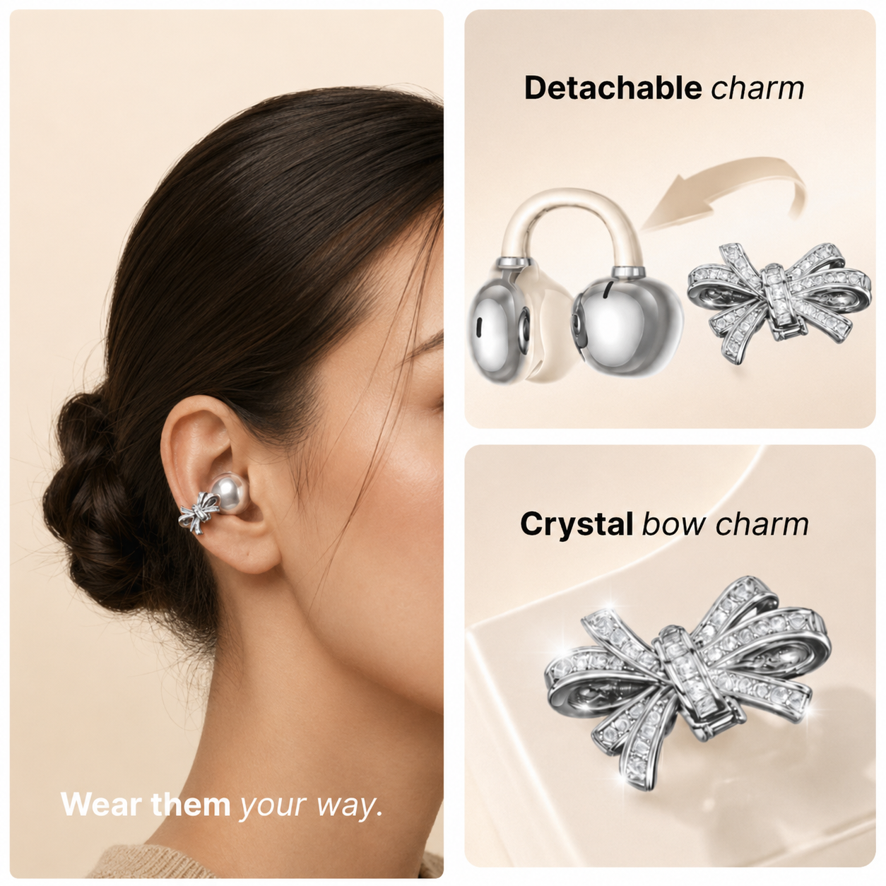 Crystal Bow Clip-On Open-Ear Earbuds – Wireless Sound Meets Jewelry-Inspired Style