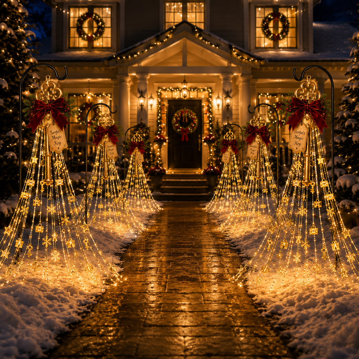 Multiple Santa's Magic Key Lightfall decorations lining a Christmas walkway