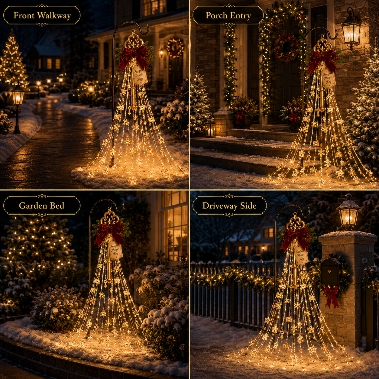 Santa's Magic Key Lightfall displayed by a walkway, porch, garden bed and driveway