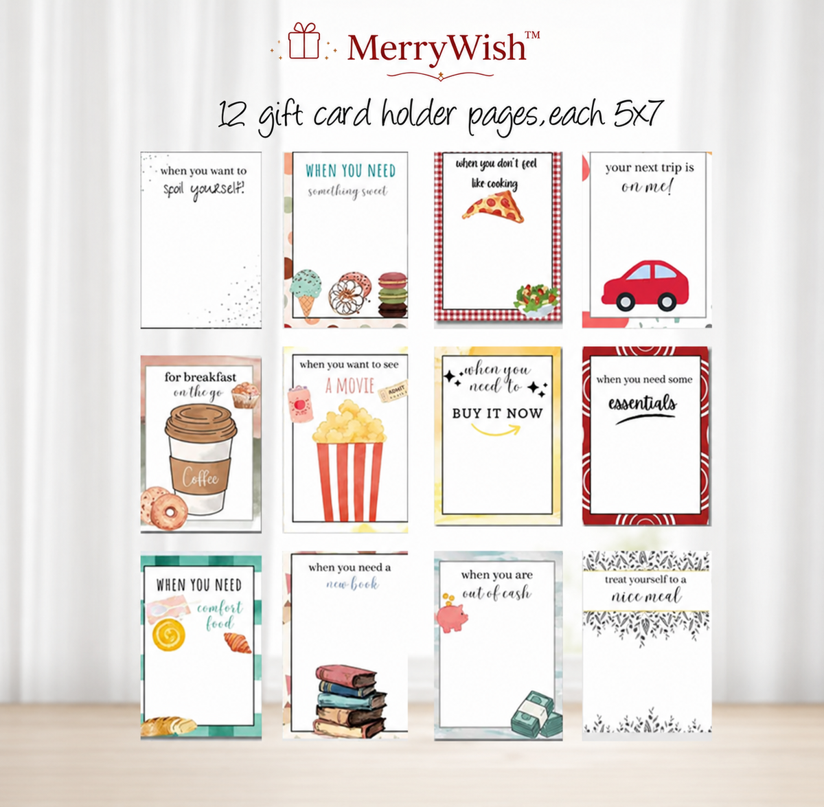 Twelve themed MerryWish gift card holder pages