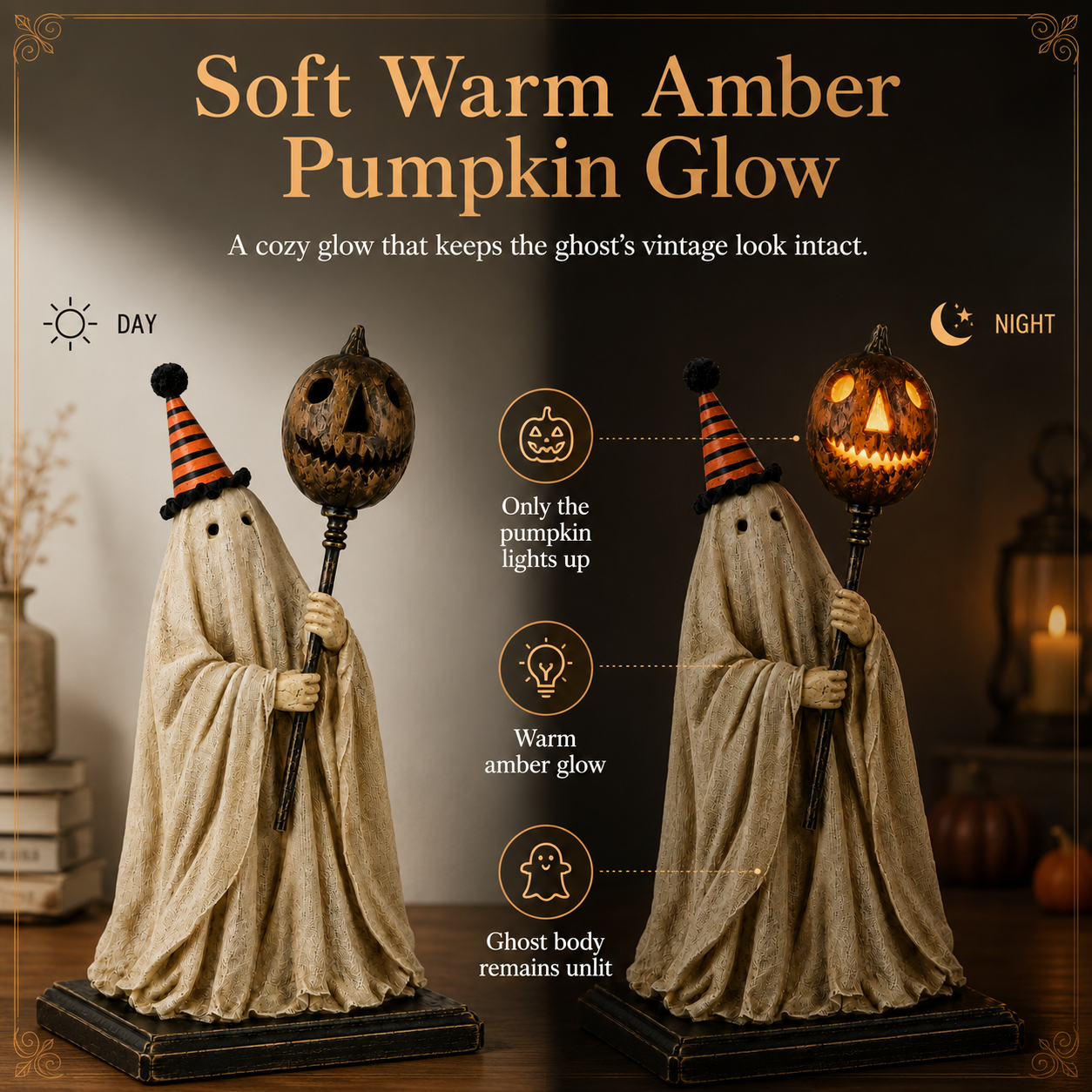 Summerween Sale 50% OFF - Lighted Vintage Ghost Figurine with Glowing Pumpkin Staff
