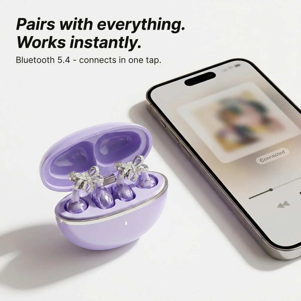 Bluetooth 5.4 clip-on earbuds connected to a smartphone