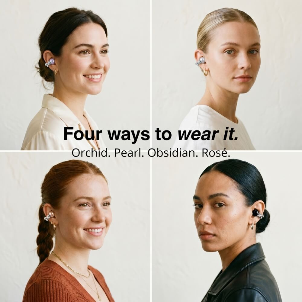 Four color options for crystal bow clip-on earbuds