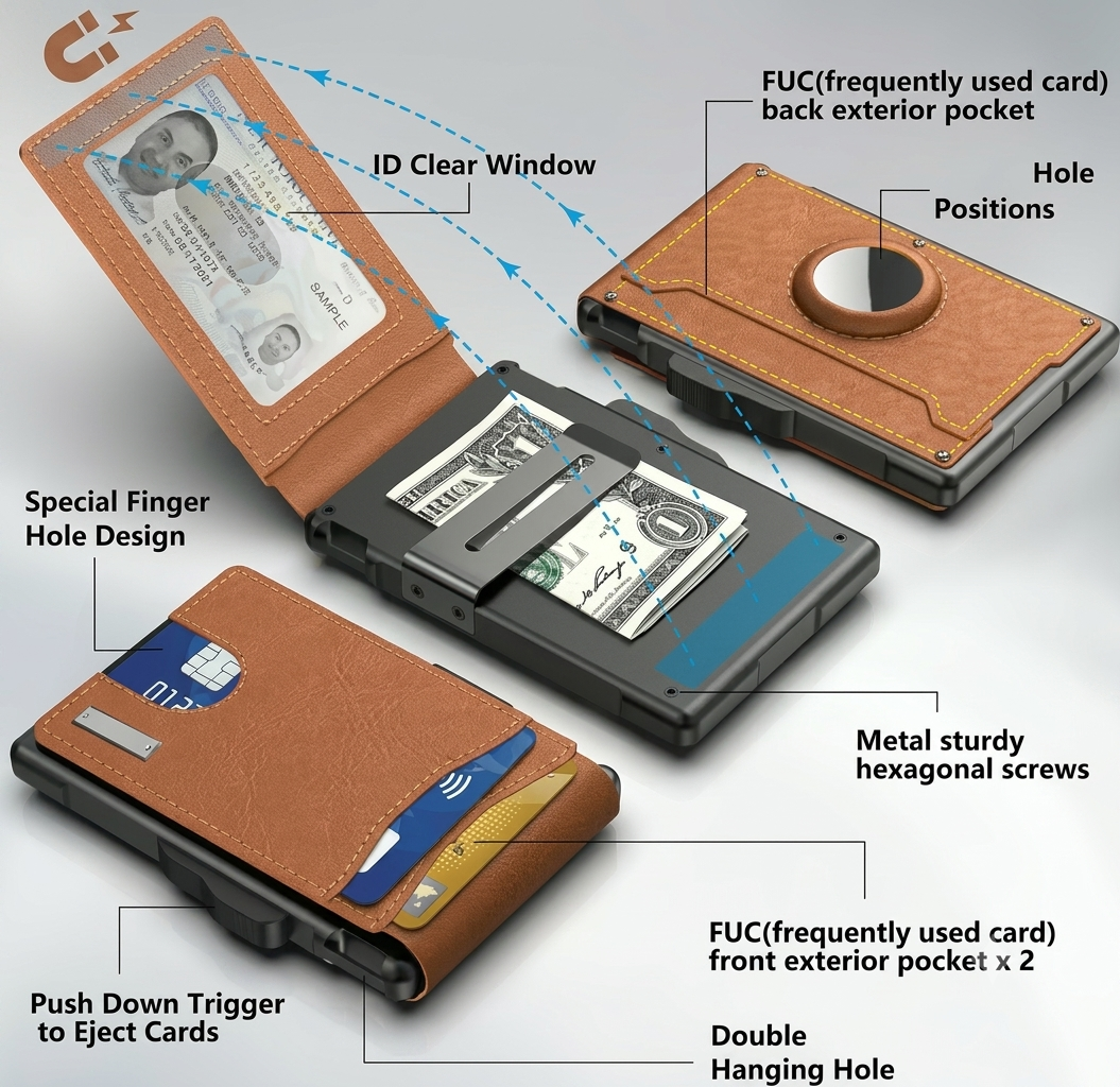 🔥Wallet for Men - with Pop Up Aluminum Case Money Clip Slim Leather Slots Credit Card Holder RFID Blocking Bifold Minimalist Wallet