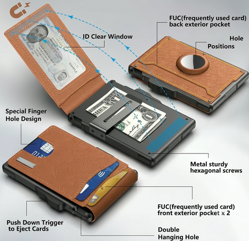 🔥Wallet for Men - with Pop Up Aluminum Case Money Clip Slim Leather Slots Credit Card Holder RFID Blocking Bifold Minimalist Wallet