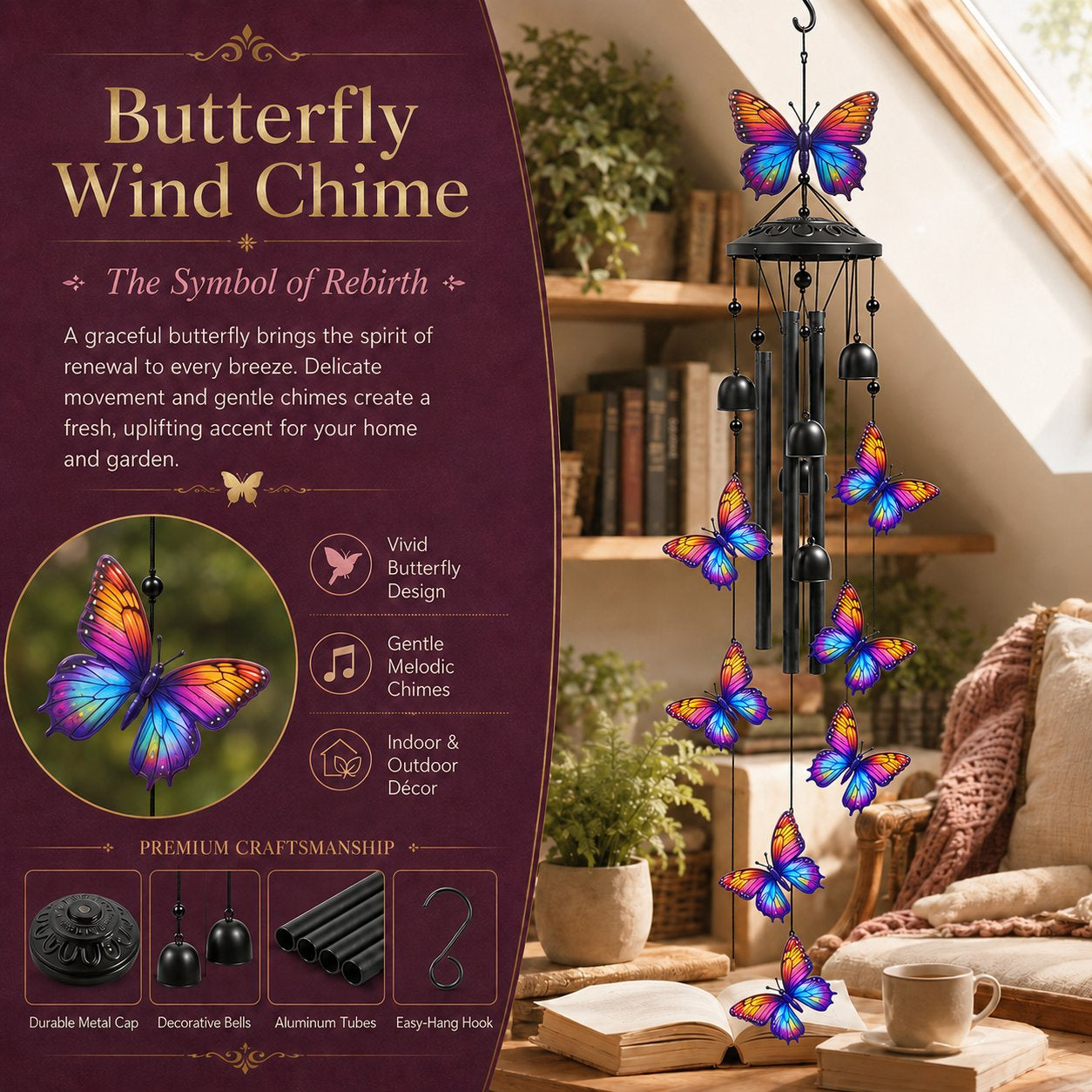 🔥Last Day 70% OFF🐦Vintage Colorful Hummingbird Wind Chime with Metal Tubes and Bells