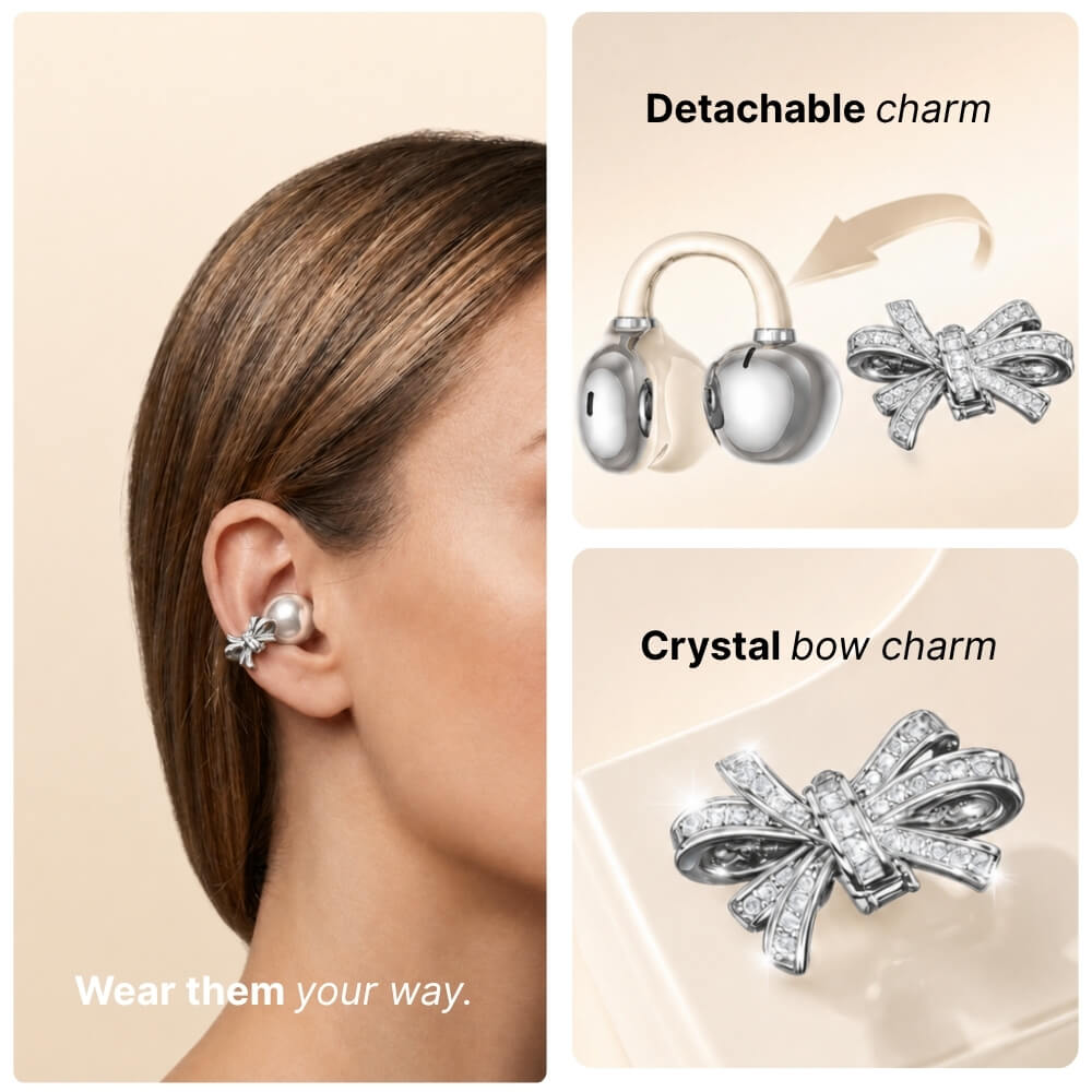 Clip-on wireless earbuds with detachable crystal bow charm