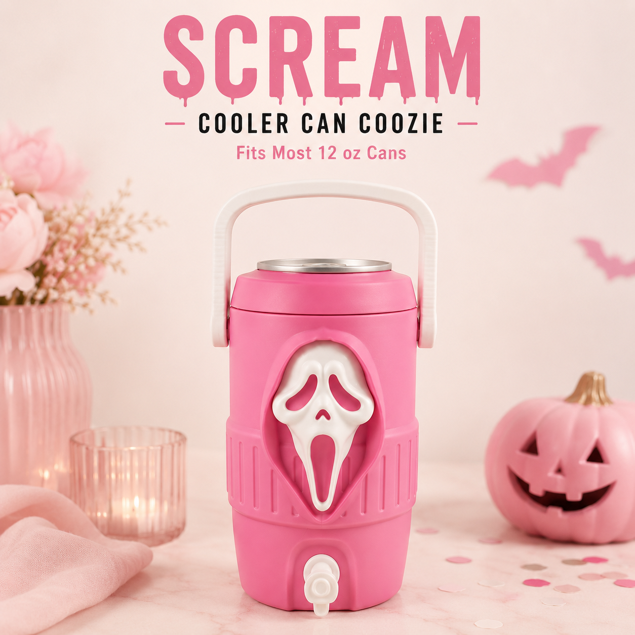 Pink spooky ghost can cooler with carry handle