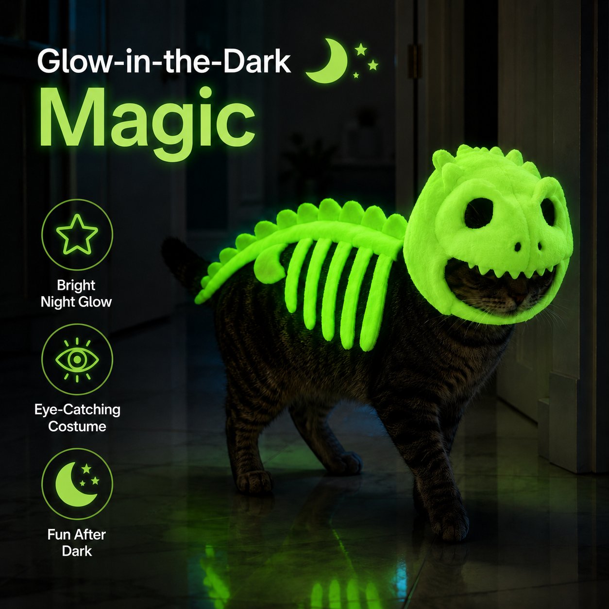 Dinosaur skeleton cat costume glowing green in darkness
